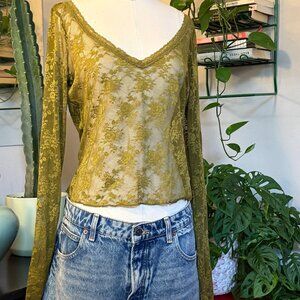 BDG Olive Green Lace Long-Sleeve V-Neck Top